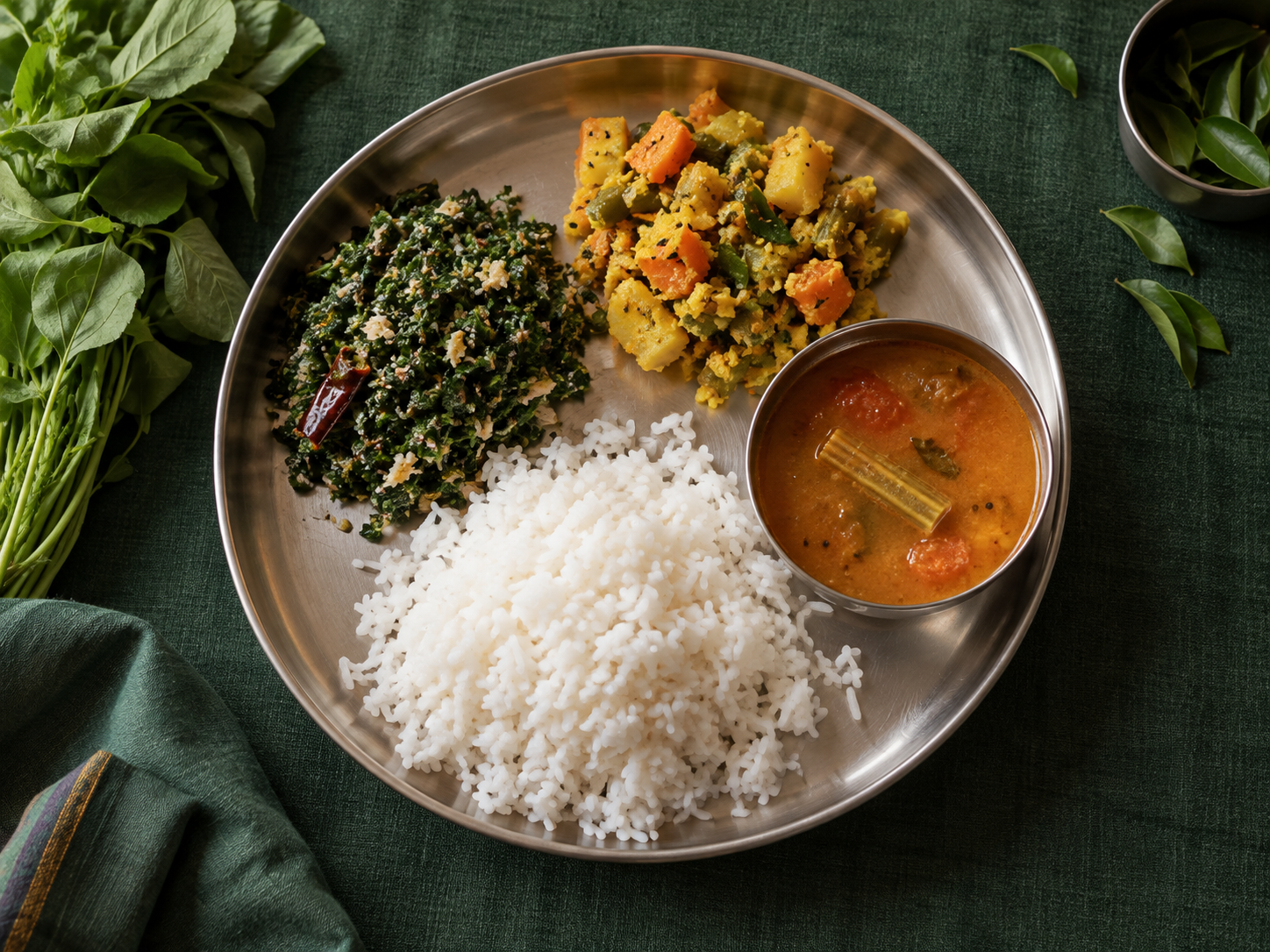 கீரை, காய்கறிகள், சாதம் மற்றும் சாம்பார் கொண்ட தமிழ் வீட்டு உணவு